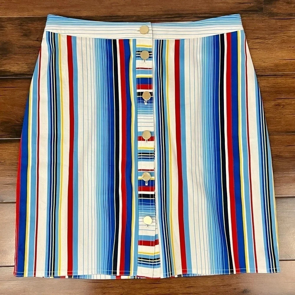 Brooks Brothers Coastal Nautical Stripe Button Front A-Line Skirt - Size 6 - Picture 2 of 7